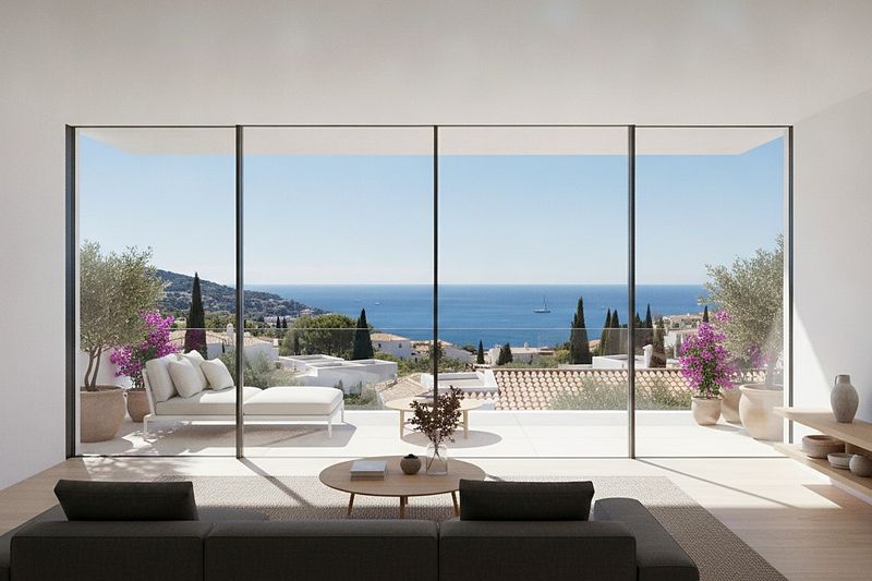 Salón de un apartamento de obra nueva con terraza al mar (imagen ilustrativa)